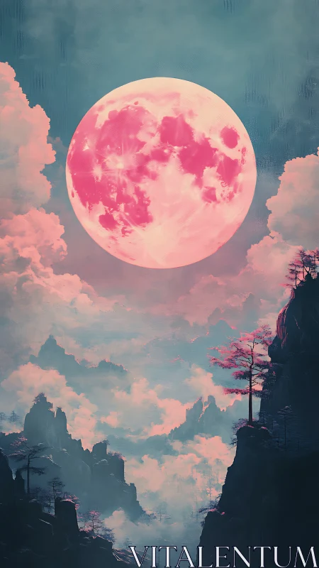 Soft pink moon glows above dreamy misty mountains and clouds