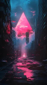 Neon triangle portal dominates rainlit cyberpunk street