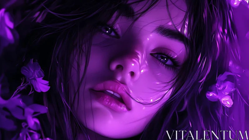 Dreamy violet portrait wrapped in soft neon light.