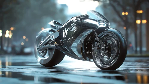Futuristic streamlined motorcycle render stands on wet street