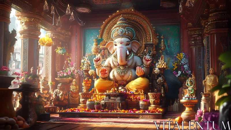 Ganesh idol in ornate temple sanctum with radiant warm lighting.