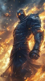 Armored humanoid figure stands amid vertically rising flames