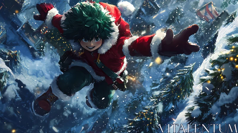 Snow-sprinting holiday hero dives across midnight rooftops.