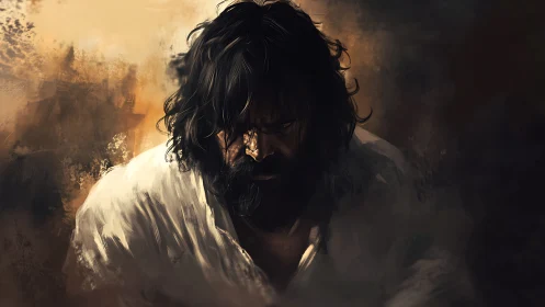 Brooding bearded man in shadowed painterly portrait.