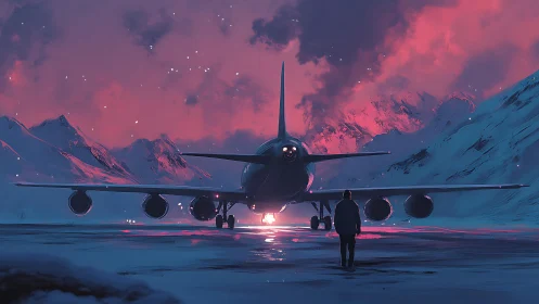 Jetliner faces snow runway under neon dusk sky glow.