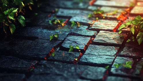 Emerald cracks and ember light across rain-slick cobblestones.