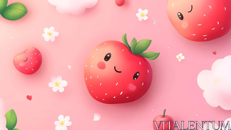 Kawaii style strawberries with faces on soft pink background.