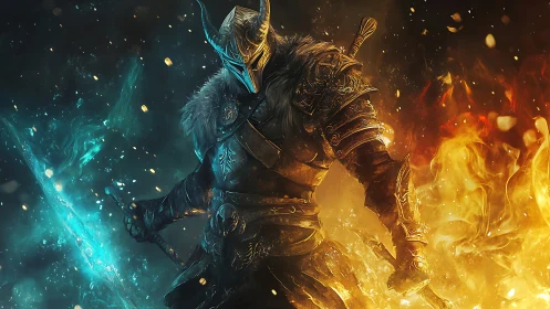 Dual-element knight wielding ice blade and fire sword.