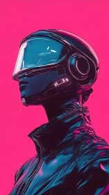 Neon-helmed wanderer slices through hot pink future haze