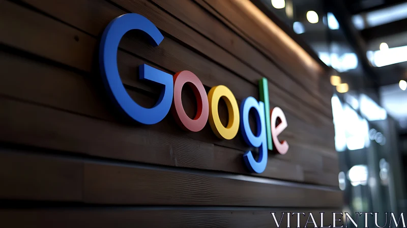 Google’s rainbow letters glow softly along a wooden hallway