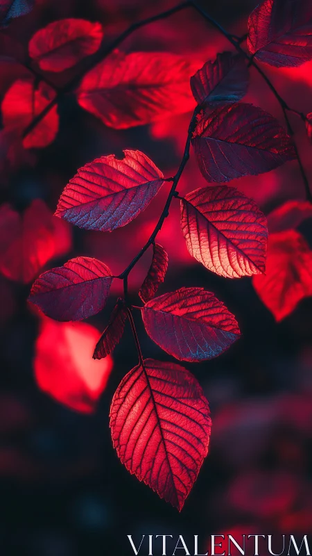 Velvety red leaves glow gently against a dreamy dark forest