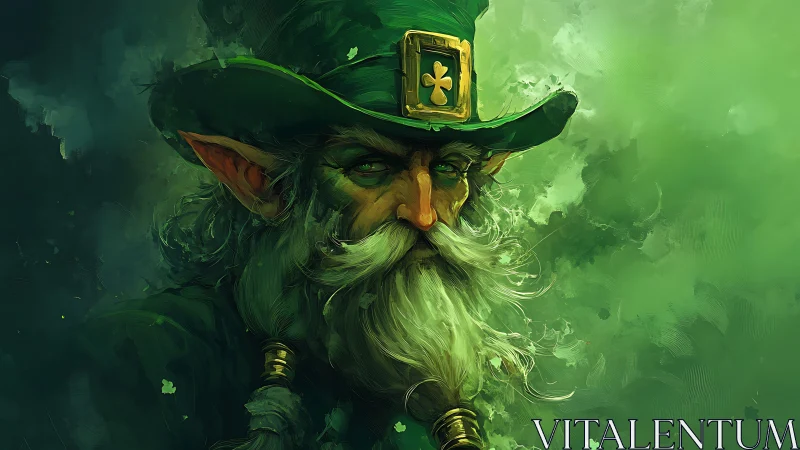 Emerald leprechaun elder gazes from swirling green mist.