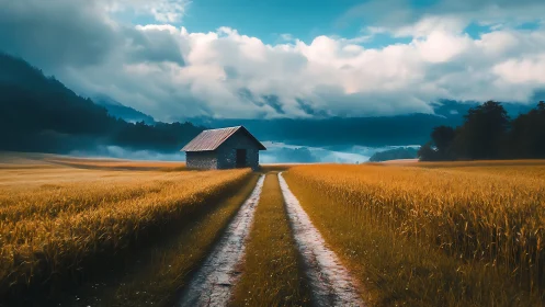 Twin dirt tracks escort a lonely barn through golden stillness