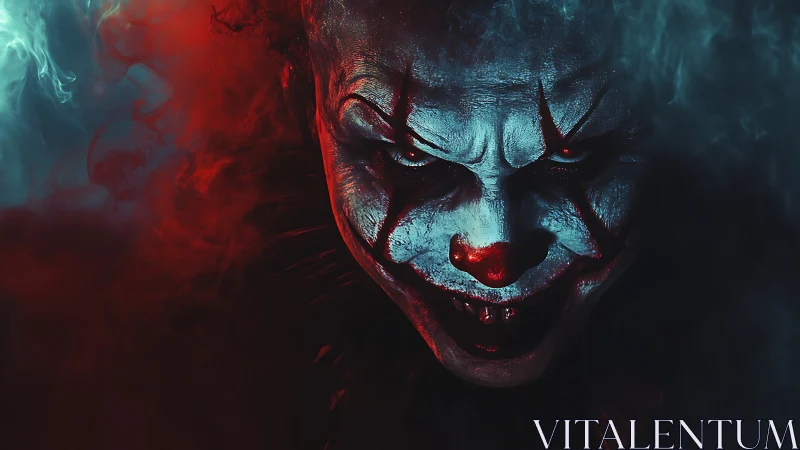 Sinister clown portrait uses split red cyan lighting and dense smoke