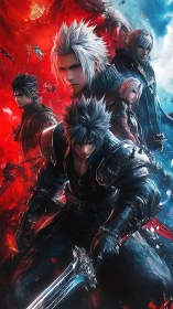 Anime warriors clash amid red blue elemental battlefield.