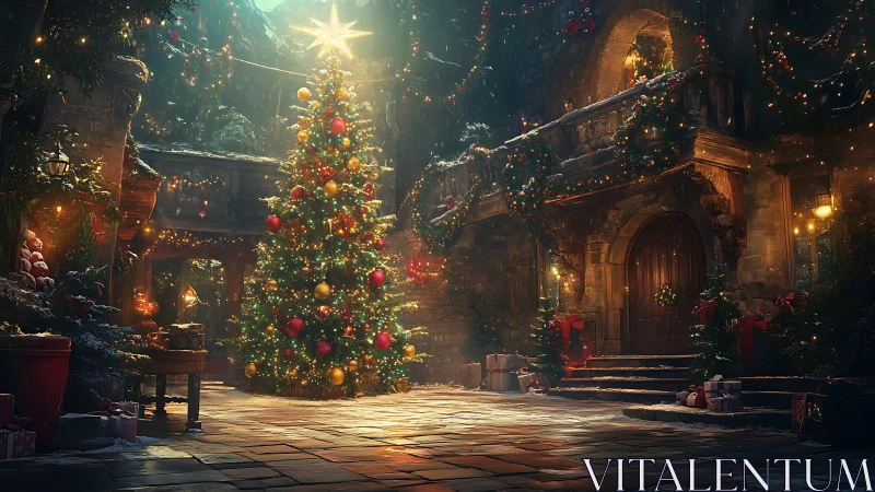 Christmas tree stands in decorated courtyard of stone building