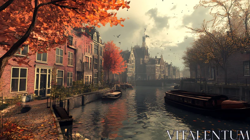 Autumn canal with brick townhouses and moored boats at dusk.