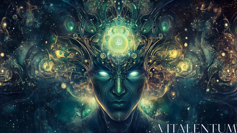 Cosmic dreamer bathed in swirling galaxies of thought.