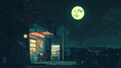 Lonely roadside shop under bright full moonlit night sky.