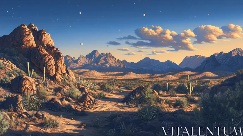 Twilight desert moons drift above rugged cacti and peaks.