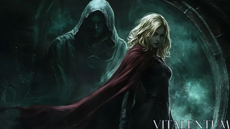 Sorceress stands before spectral hooded guardian portal