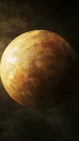 Golden rocky planet floating in deep dark outer space.