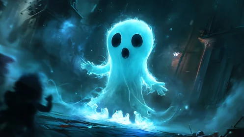 Glowing cartoon ghost hovers in eerie blue alley fog.