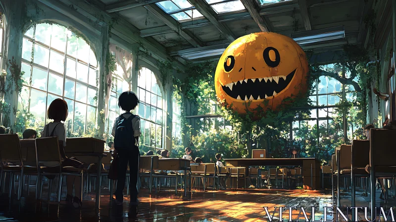 Sunlit classroom gathering beneath a playful giant pumpkin.