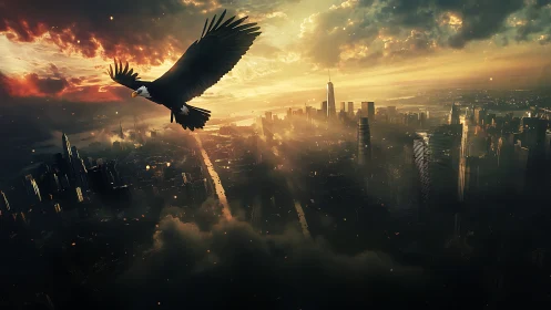 Soaring eagle crosses sunlit futuristic city skyline.