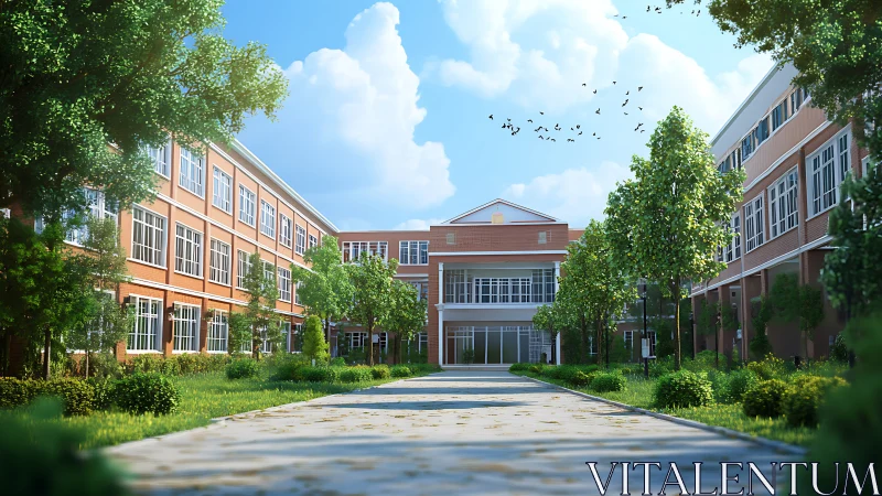 Sunlit school courtyard welcomes students with open paths