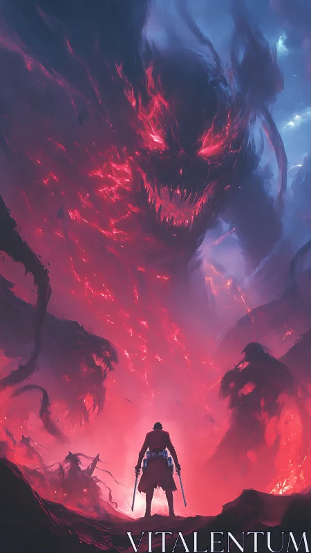 Lone swordsman confronts colossal infernal entity in mist