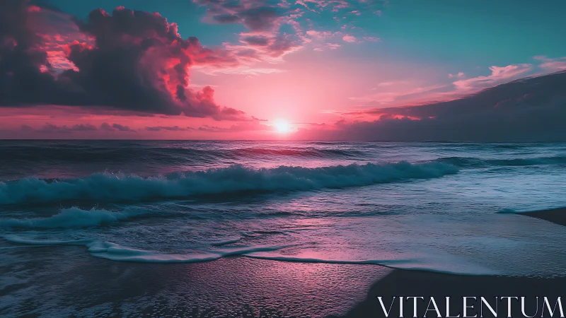 Digital seascape depicts sunset over waves with altered colors