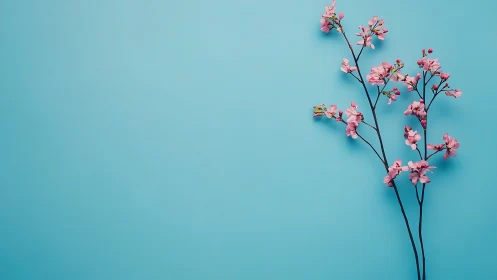 Pink delicate flowers arranged against turquoise background