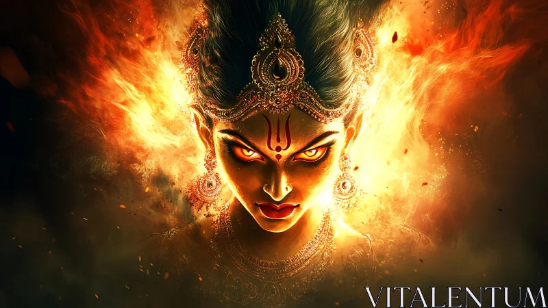Fiery goddess portrait with glowing eyes and ornate crown