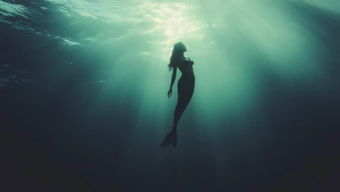 Ethereal mermaid silhouette in teal subaquatic backlight.