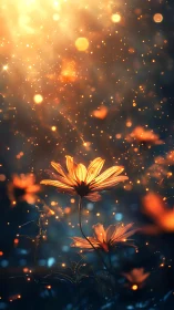 Backlit orange wildflowers under volumetric bokeh light field