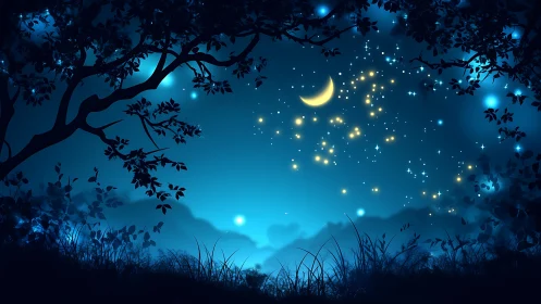 Crescent moon and glowing stars over silhouetted forest canopy.