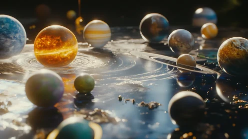 Miniature luminous planets on reflective cosmic liquid plane