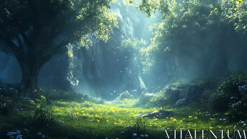 Enchanted Forest Canyon with Golden Light and Wildflowers.