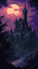 Pixelated gothic castle under magenta moonlit sky at dusk