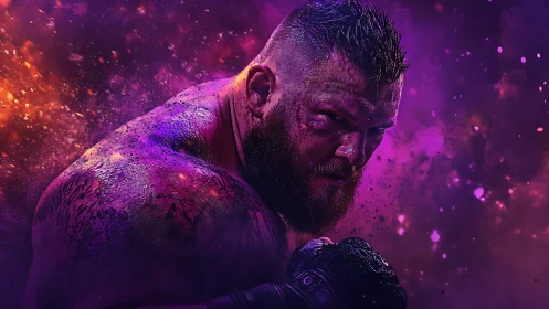 Muscular bearded fighter stares intensely amid purple sparks