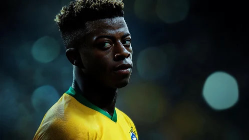 Side-profile portrait of football player in yellow jersey.