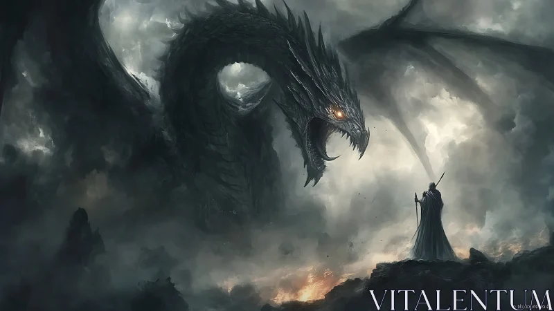 Dark storm dragon confronts lone mage amid burning cliffs.