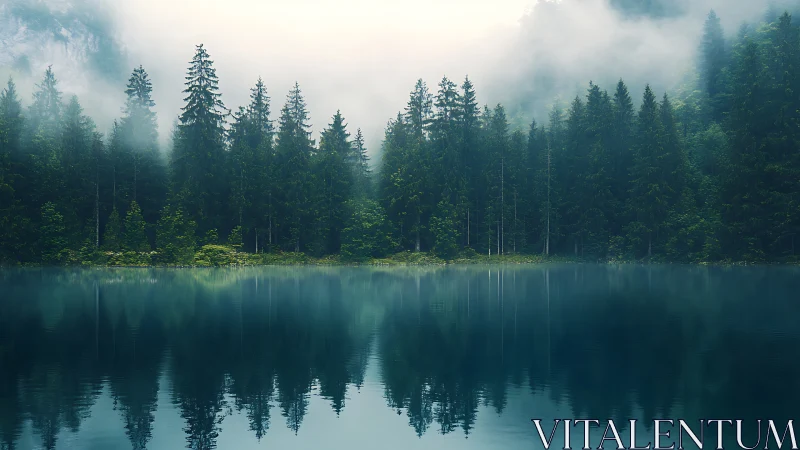 Misty Lake Mirror Reflects Evergreen Forest Landscape.