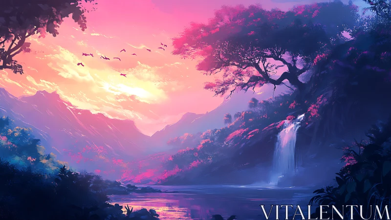 Vibrant digital landscape shows sunset over river valley