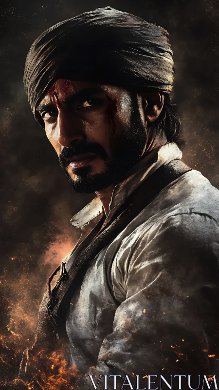 Battle-scarred warrior glares through burning embers. Period.