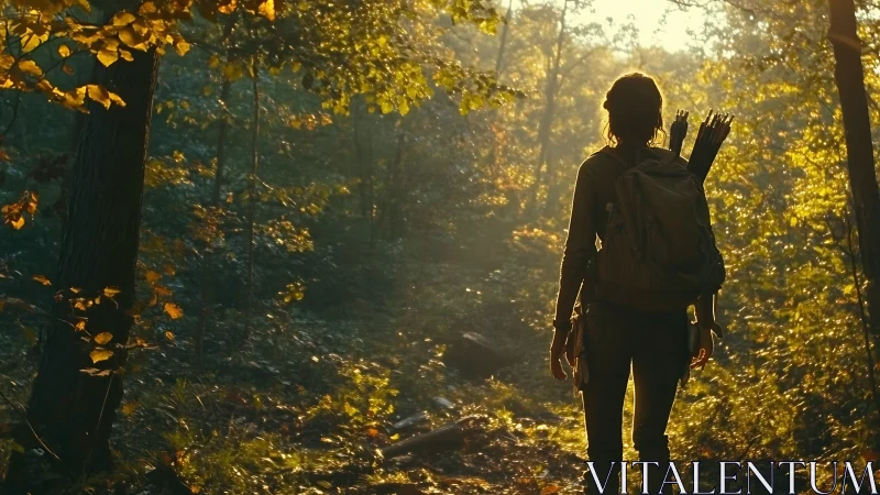 Figure with archery equipment traversing autumnal forest.