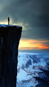 Solitary figure overlooks icy cliffs at burning sunset sky