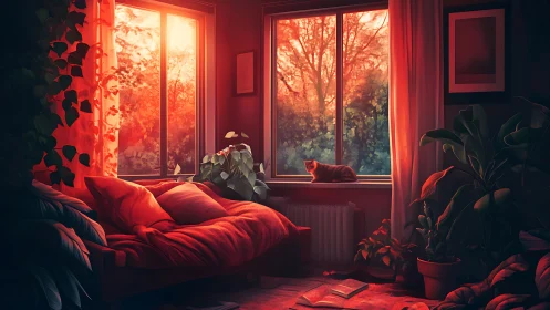 Soft sunset light fills a leafy bedroom as a calm cat rests