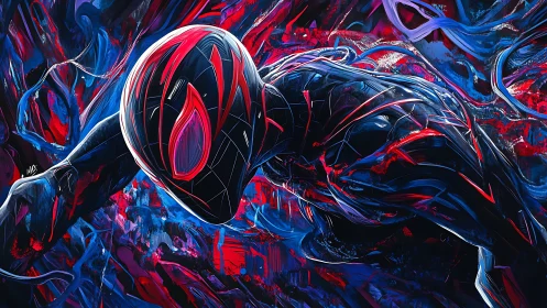 Electric hero sprinting through neon storms of color.